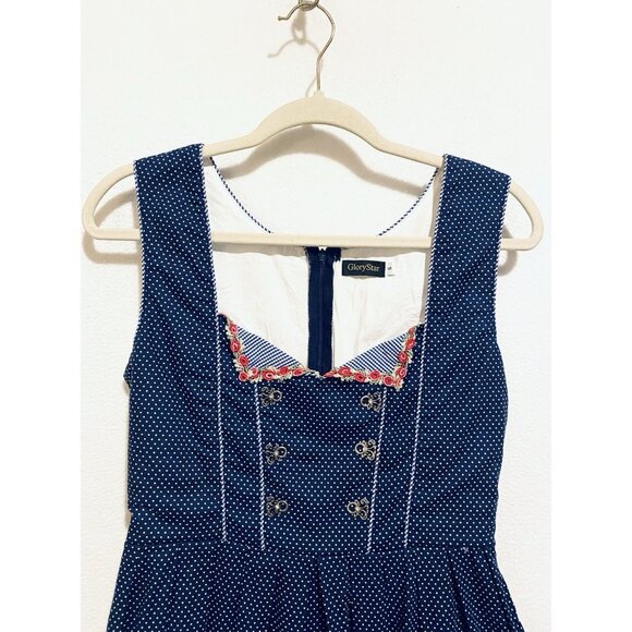 Glory Star Dress Womens Small Navy Blue Polka Dot Corset Pleated Retro Milkmaid - Picture 2 of 7